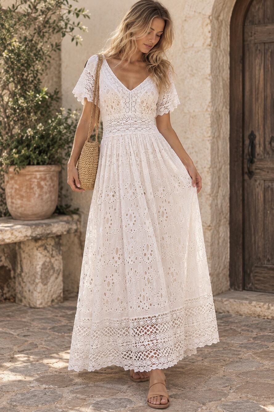 Anthropologie Magic White Eyelet Crochet Maxi Dress S Boho Cottagecore Bridal